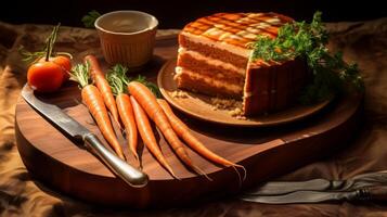 ai generato delizioso carota torta fetta su di legno tavolo foto