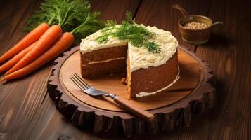 ai generato delizioso carota torta fetta su di legno tavolo foto