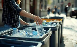 ai generato donna disporre di un' acqua bottiglia nel raccolta differenziata bidoni, compostaggio e rifiuto riduzione concetto foto