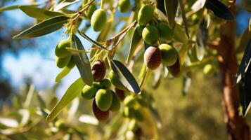 ai generato verde olive sospeso su un' soleggiato ramo foto