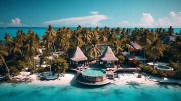 ai generato tropicale Paradiso, Sull'acqua bungalow in mezzo palma alberi, ricorrere foto