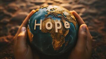 ai generato mano Tenere un' globo con il parola speranza su esso. concetto di speranza. foto