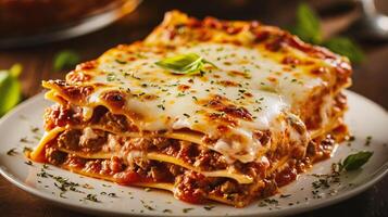 ai generato avvicinamento di un' piatto di lasagne bolognese foto