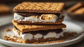 ai generato pila di biscotti con cioccolato e marshmallows su un' bianca piatto foto