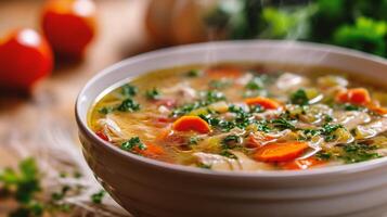 ai generato pollo la minestra con verdure e erbe aromatiche nel un' ciotola su un' di legno tavolo foto