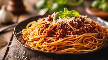 ai generato spaghetti bolognese con parmigiano su di legno tavolo foto