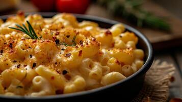 ai generato maccheroni e formaggio con spezie nel un' ciotola avvicinamento foto