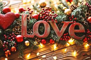 ai generato di legno iscrizione amore su il sfondo di Natale decorazioni, bokeh foto