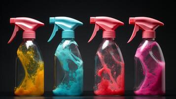 ai generato colorato pulizia spray bottiglie su nero sfondo foto