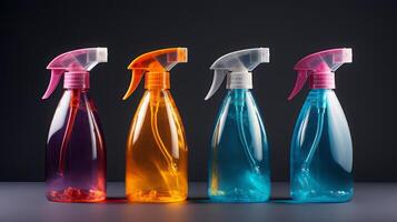 ai generato colorato pulizia spray bottiglie su nero sfondo foto