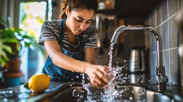 ai generato donna lavaggio mani sotto in esecuzione acqua nel cucina lavello, avvicinamento. foto