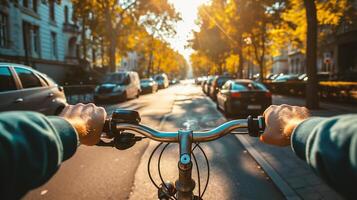 ai generato ciclista equitazione un' bicicletta su il strada nel il città. foto