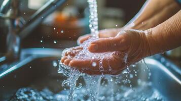 ai generato donna lavaggio mani sotto in esecuzione acqua nel cucina lavello, avvicinamento. foto