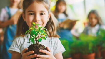 ai generato carino poco ragazza è piantare un' albero foto