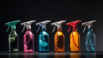 ai generato colorato pulizia spray bottiglie su nero sfondo foto