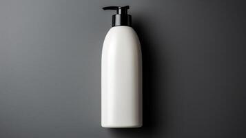 ai generato bianca plastica bottiglia per shampoo, doccia gel, condizionatore, condizionatore su grigio sfondo foto