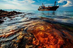 ai generato nave nel il mare con pietre su il sfondo foto