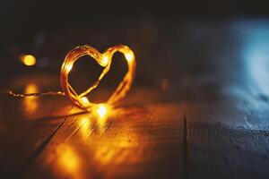 ai generato San Valentino giorno sfondo. raggiante cuore sagomato luci su di legno tavolo. foto