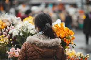 ai generato giovane donna con un' mazzo di fiori a il fiore mercato. foto