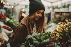 ai generato bellissimo giovane donna acquisto fresco fiori a il Locale agricoltori mercato. foto