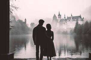 ai generato nozze coppia nel davanti di il castello su un' nebbioso giorno foto