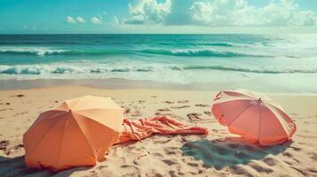 ai generato Due arancia ombrelli su il sabbioso spiaggia, Vintage ▾ tonificante foto