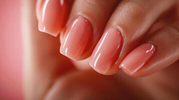ai generato bellissimo femmina mani con rosa chiodo design. chiodo polacco manicure. foto