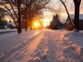 ai generato inverno strada coperto con neve a tramonto o Alba nel il città. foto