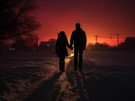 ai generato silhouette di un' giovane coppia a piedi nel il neve a tramonto foto