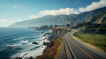 ai generato panoramico costiero strada, oceano Visualizza, soleggiato giorno foto