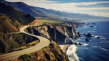 ai generato panoramico costiero strada, oceano Visualizza, soleggiato giorno foto