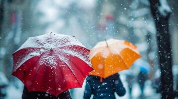 ai generato persone con ombrelli a piedi su il strada durante pesante nevicata foto