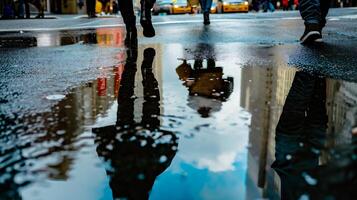 ai generato piovoso giorno nel il città con persone a piedi su il strada. foto