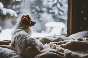 ai generato Jack russell terrier è addormentato su il divano nel inverno foto