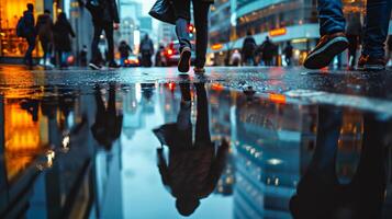 ai generato piovoso giorno nel il città con persone a piedi su il strada. foto
