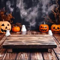 ai generato Halloween decorazione con zucche, fantasmi e ragni su di legno sfondo foto
