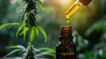 ai generato canapa CBD olio nel un' bicchiere bottiglia. canapa estratto. medicinale indica con cbd. foto