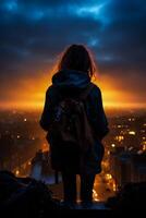 ai generato silhouette di un' ragazza nel un' impermeabile con un' zaino su il sfondo di il notte città foto
