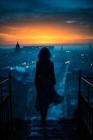 ai generato silhouette di un' ragazza nel un' lungo vestito su il sfondo di il città a tramonto foto