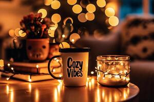 ai generato caffè tazza e Natale luci bokeh sfondo. foto