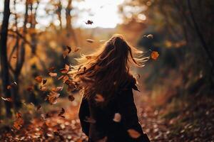 ai generato giovane bellissimo donna a piedi nel il autunno parco e lancio autunno le foglie. foto