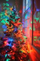 ai generato Natale albero con colorato bokeh luci su il davanzale. foto