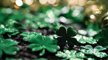 ai generato st. Patrick giorno sfondo con quadrifogli e d'oro monete foto