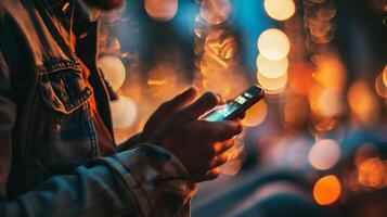 ai generato giovane uomo utilizzando mobile Telefono nel il città a notte. bokeh sfondo. foto