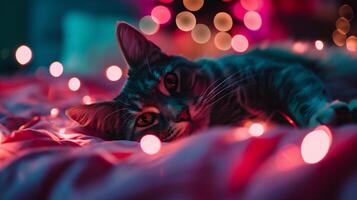 ai generato carino soriano gatto con Natale luci su sfondo foto