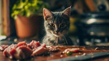 ai generato domestico gatto mangiare carne nel il cucina. selettivo messa a fuoco. foto