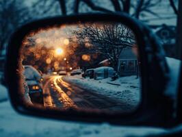 ai generato riflessione nel il lato specchio di un' auto su un' inverno strada foto