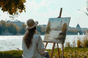 ai generato giovane donna artista nel cappello e bianca cappotto seduta su il banca di il fiume e pittura un' immagine. foto