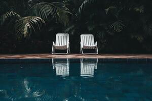 ai generato nuoto piscina con sole lettini e palma alberi su sfondo foto