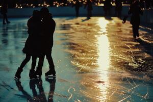 ai generato coppia pattinando su ghiaccio pista nel il città a notte. inverno vacanza concetto. foto
